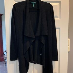 Lauren Ralph Lauren Black Open front Draped Wool Cardigan Sweater sz L